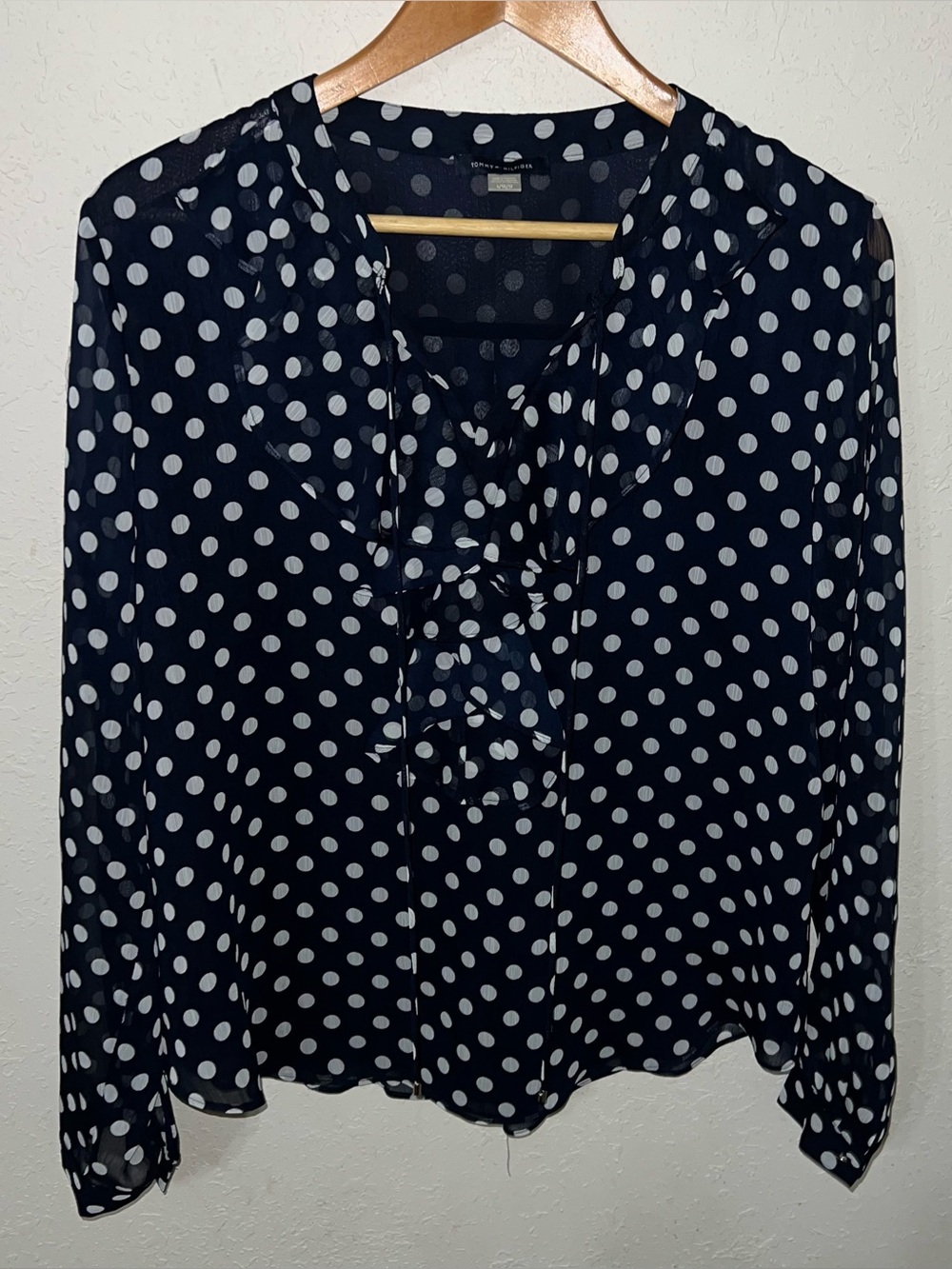 Tommy Hilfiger Navy Blue Polka Dot Long Sleeve Blouse Size Large.